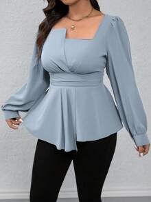 EMERY ROSE Plus Size Square Collar Ruffled Hem Peplum Top,Dusty Blue Elegant Lantern Long Sleeve Blouse For Women,Autumn Dinner Casual Solid Color Curvy Shirt - Baby Blue - View 5