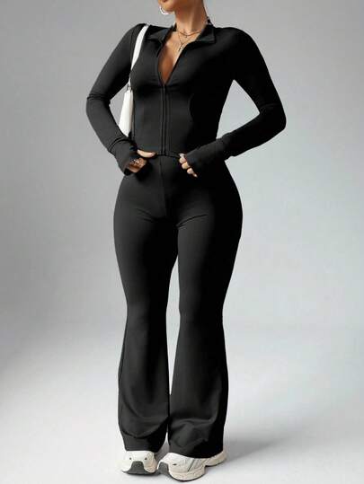 Easithlete 1 pieza Conjunto de 2 piezas para mujer de talla grande con chaqueta con cremallera y costuras de princesa con orificio para el pulgar, y pantalones acampanados de cintura alta, casual para todas las estaciones, conjunto de ropa deportiva