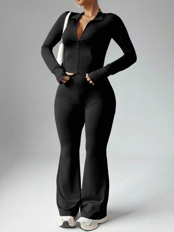 Easithlete 1 pieza Conjunto de 2 piezas para mujer de talla grande con chaqueta con cremallera y costuras de princesa con orificio para el pulgar, y pantalones acampanados de cintura alta, casual para todas las estaciones, conjunto de ropa deportiva