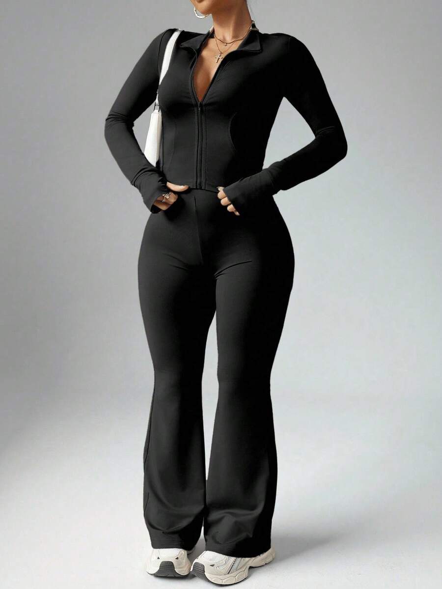 Easithlete 1 pieza Conjunto de 2 piezas para mujer de talla grande con chaqueta con cremallera y costuras de princesa con orificio para el pulgar, y pantalones acampanados de cintura alta, casual para todas las estaciones, conjunto de ropa deportiva - Negro - Ver 1