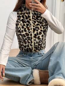 SHEIN EZwear Women's Light Apricot Leopard Print Wool Sleeveless Zip-Up Jacket, Autumn,Cheetah Print,Cozy Fall And Winter Clothes For Women - Apricot - View 6