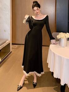 DAZY 女士优雅修身连衣裙，撞色蕾丝拼接露肩长袖礼服，适合舞会、晚宴等场合。 - 黑色 - 查看 1