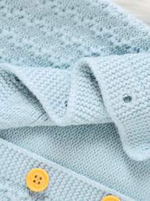 SHEIN Newborn Baby Autumn Contrast Color Lapel Long Sleeve Single-Breasted Knitted Jumpsuit Boy Light Blue Sweater Romper Fall Knit Outfit Kawaii - Baby Blue - View 7