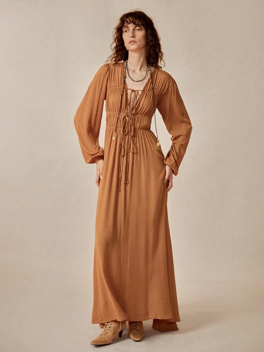 Florisole Váy Maxi Dài Phong Cách Bohemian Mùa Hè Mới Của Pháp, Cổ Chữ V, Thắt Lưng, Ôm Vừa Vặn, Thời Trang Đa Năng Cho Nữ - màu nâu - Xem 1