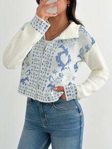 SHEIN Tall Suéter de cuello alto tipo cárdigan de talla pequeña para vacaciones, blanco, manga larga, otoño/invierno - Albaricoque - Ver 6