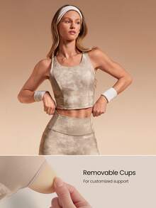 GLOWMODE X Discovery FeatherFit™ Summit Flow 短款扎染圆领 U 型后背可拆卸罩杯背心户外徒步日常运动服 - 卡其色 - 查看 3