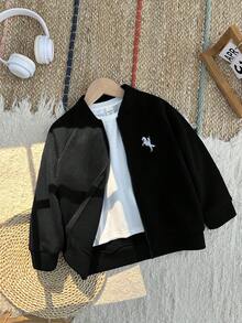 SHEIN 男童休闲图案卫衣、夹克、外套、返校服、可爱上衣、基本款上衣，适合秋冬季上学、度假、旅行、运动 - 黑色 - 查看 4