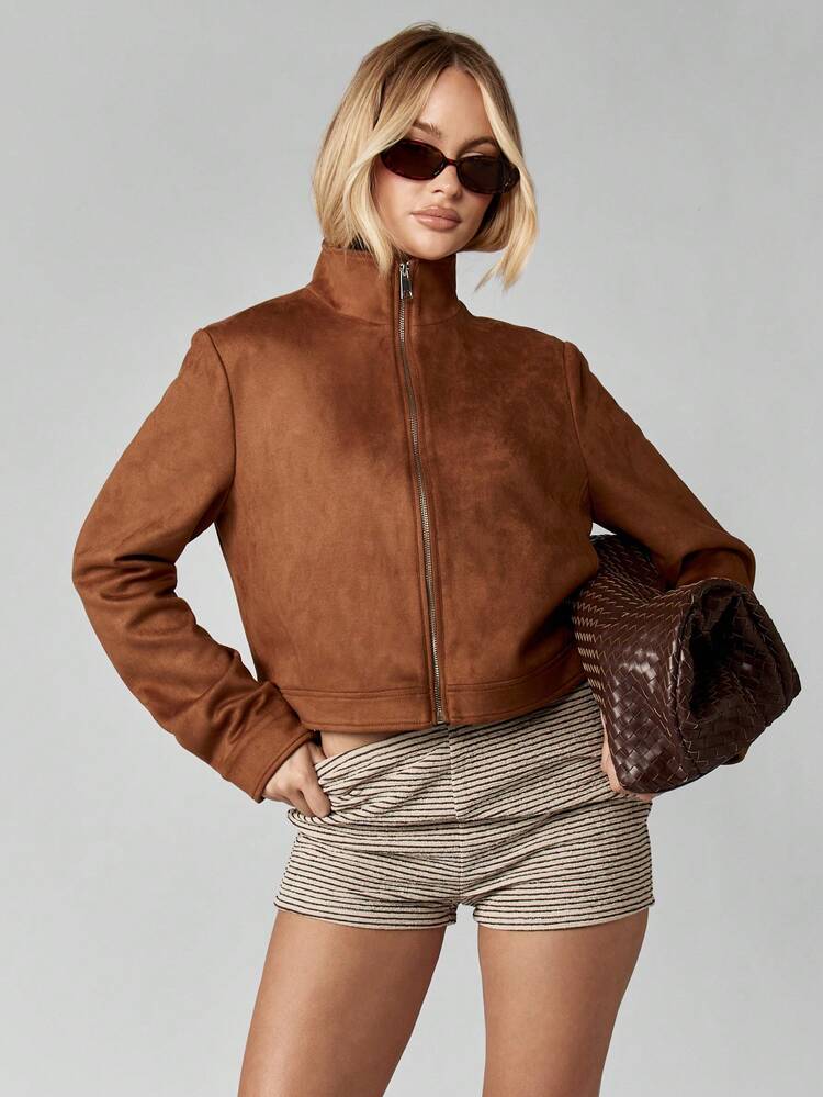 MISSGUIDED Faux Suede Cropped Bomber Jacket Stand Up Collar Full Zip Autumn Winter Fashion Short Outerwear With Side Pockets