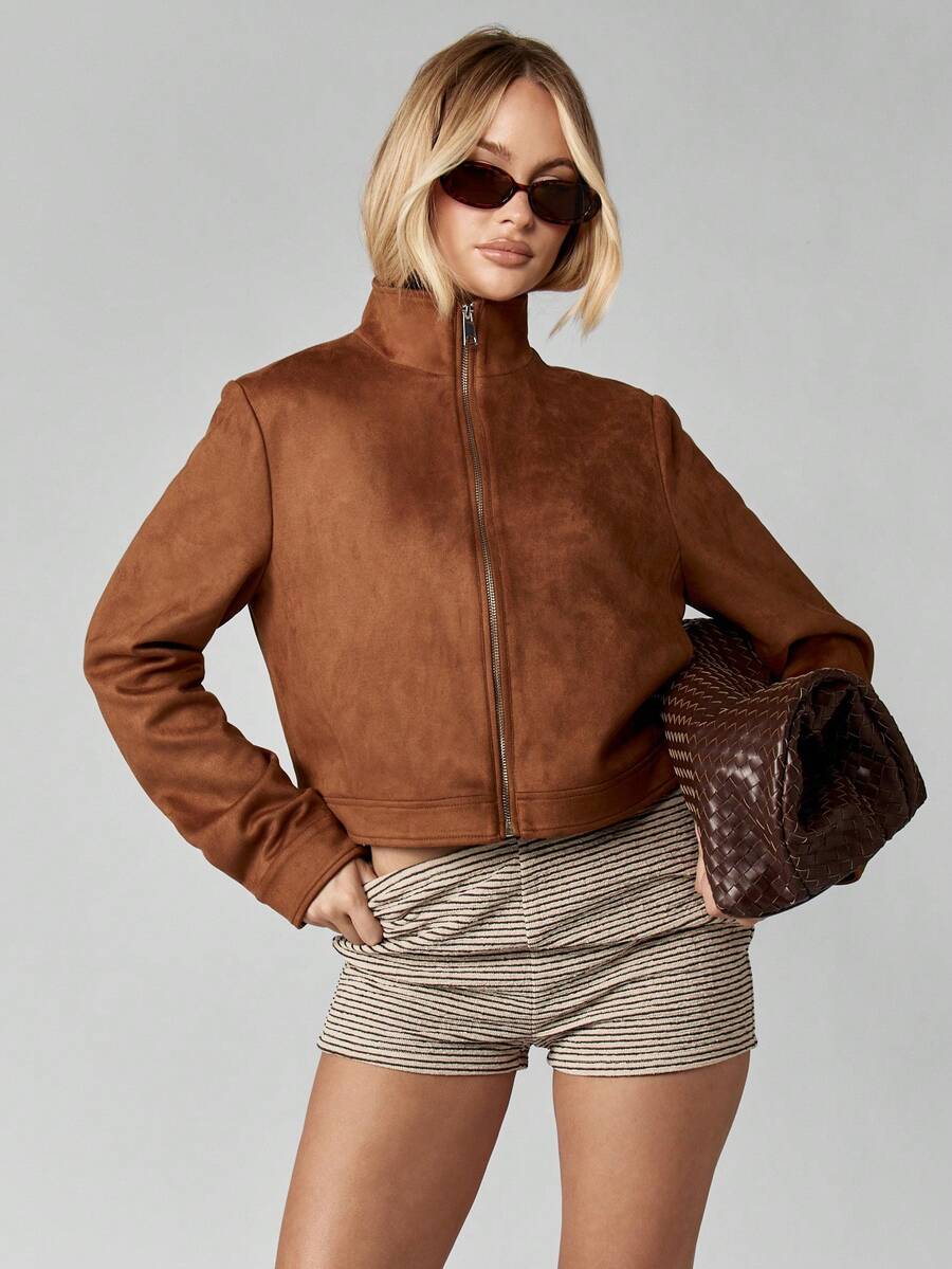 MISSGUIDED 仿麂皮短款飞行员夹克立领全拉链秋冬时尚短款外套带侧袋 - 棕色 - 查看 1