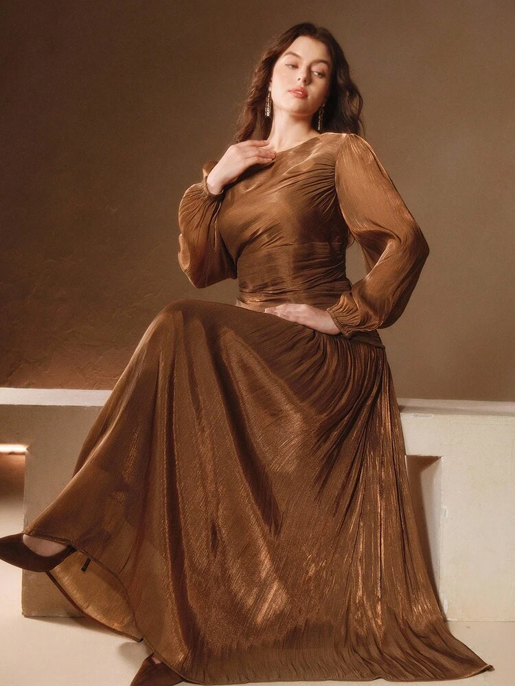 Plus Size Women's Olive Green Shiny Long Dress, Round Neck With Waist Ruching, Puff Sleeves, Elegant & Versatile For Fall, Autumn, Party, Christmas, New Year, Wedding