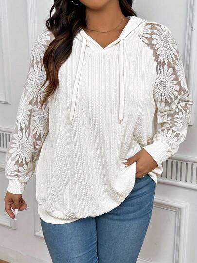 INAWLY Plus Size Women White Hooded Lace Sweatshirt, Autumn Graduation,Back To School Outfits,Graduation,Teacher Outfits For Women,Back To School Pullover Fall Outfit Winter