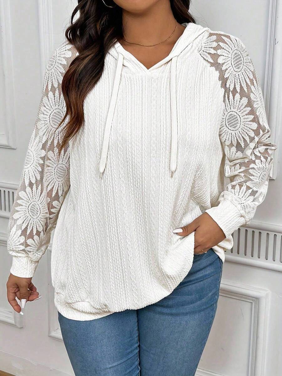INAWLY Plus Size Women White Hooded Lace Sweatshirt, Autumn Graduation,Back To School Outfits,Graduation,Teacher Outfits For Women,Back To School Pullover Fall Outfit Winter