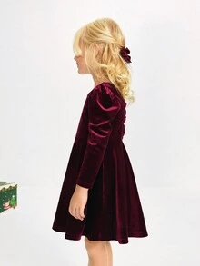 SHEIN Mädchen elegantes, süßes Party Weihnachts-Strickkleid aus Samt mit langen Puffärmeln, Schleife am Rücken und Mesh-Einsätzen, rot, geeignet für Kinder Freizeitmode, Rückkehr zur Schule, Eröffnungszeremonie, Alltagsmode, Schule, Reisen, Sport, Herbst/Winter - Bordeaux - Übersicht 6