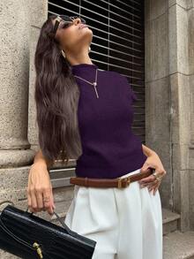 Firerie 优雅高领宽松休闲百搭秋冬无袖针织毛衣背心 - 紫色 - 查看 11