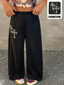Coolane Kids Pantalones de chándal anchos con cintura con cordón y decoración de strass en estilo Y2K para niñas preadolescentes, atuendos para graduación y regreso a la escuela - Negro - Ver 6