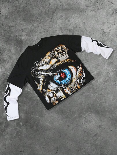 Street Life Men's Street Style American Popular Element Eye Graphic Print 2 In 1 Short Long Sleeve T-Shirt, Fall
