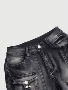 ROMWE PETITE Women's Fashionable Versatile Denim Flare Pants With Pocket, Button And Buckle Design - Grey - View 9