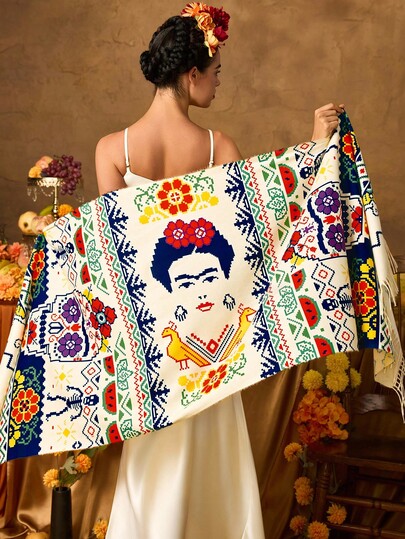 Frida Kahlo X SHEIN Fashion Retro Autumn & Winter Flower Skull Print Scarf Tassel Beige Warm Women Scarves Scarf Suitable For Vacation And Daily UseDay Of Dead,Day Of The Dead,Dia De Los Muertos, Skeleton & Floral,Skeleton,Marigold,Sugar Skulls,Cempasúchil,Candle,Ofrenda,Mexican Marigolds,Papel Picado