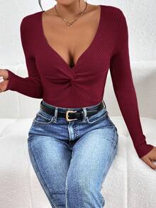 SHEIN Frenchy 优雅纯色扭纹针织修身毛衣，秋冬 - 酒紅色 - 查看 3