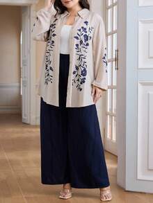 Lacomfia Plus Size 2pcs Set Solid Coloured Long Sleeve Shirt And Bottoms, Casual & Fashionable For Everyday Wear