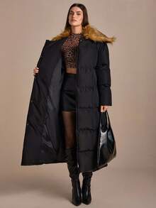 CLARA VERO Women's Solid Belted Detachable Trimmed Faux Fur Detailed Elegant Oversized Long Winter Coat - Black - View 5