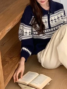 DAZY 女式休闲圣诞风格宽松长袖毛衣 - 淺藍色 - 查看 3