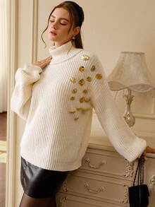 Zanirela Autumn/Winter New Oversized High Neck Chunky Knit Sweater With Asymmetrical Metal Button & Sequin Decor, Fashionable - White - View 6