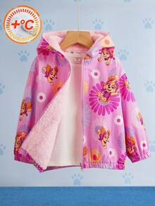 SHEIN | PAW Patrol 少女可爱卡通花卉和粉色小狗全身印花宽松落肩拉链羊毛夹克，秋冬 - 粉色 - 查看 3