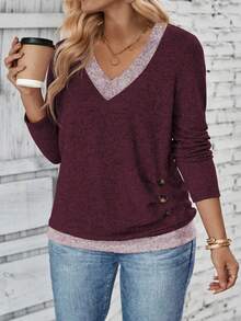 EMERY ROSE New Plus Size Women Fashion Casual Round Neck Button Decor Contrast Color Long Sleeve T-Shirt Fall - Red - View 4