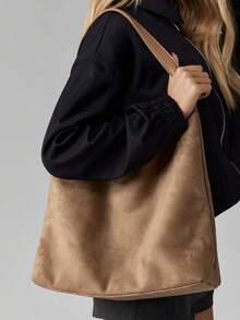 MISSGUIDED 奢华休闲流浪包单肩包钱包带配套小袋纯素绒面革手提包秋冬日常时尚托特包 - 卡其色 - 查看 2