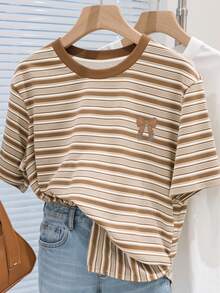 Resyla Colorful Striped Digital Print Bow Embroidery Casual Round Neck T-Shirt, A Gift For Friends - Multicolor - View 3