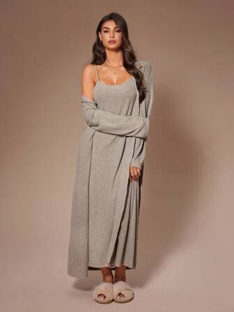 Lazeform Lazeform Women's Casual Collared Knit Long Sleeve Belted Robe And Sleeveless Sleep Maxi Dress 2 Pieces Set, Fall Winter Clothes Long Sleep Dress Co Ord Set Women 2 Pieces Lounge Sets Woman Loungewear Dress Ribbed Loungewear, Cozy Outfit