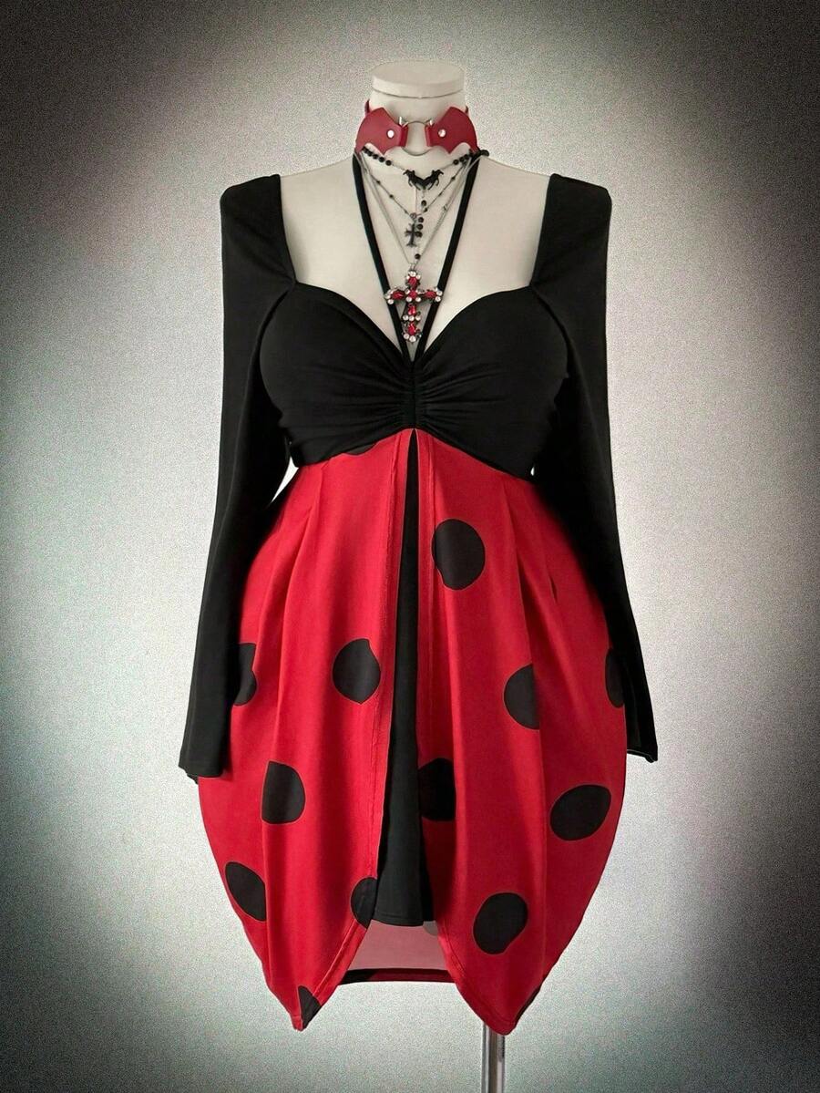 Sunspun Große Größen Marienkäfer Polka Punkt Patchwork Kontrast Farbige Taille Raffung Kleid - Schwarz - Übersicht 1