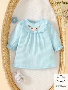 SHEIN New Long Sleeved Newborn Baby Beige Round Neck Bubble Sleeve Three-Dimensional Embroidered Dress Cute And Elegant, Simple And Comfortable - Blue - View 2
