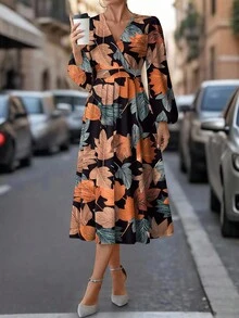 SHEIN Clasi Vintage Maple Leaf V-Neck Long Sleeve Dress For Women, Suitable For Autumn/Winter - Multicolor - View 7