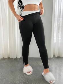 SHEIN SXY 女式纯色修身保暖休闲保暖内衬打底裤，侧开衩，黑色打底裤，保暖，冬季，秋季，感恩节 - 黑色 - 查看 7