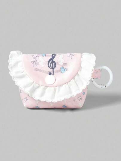 Kawaii Music Note & Plaid Pattern Portable Mini Pouch, Coin Purse, Earphone Case, Keychain Storage