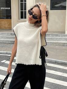 Serisse Women's Contrast Trim Stand Collar Side Slit Tie Knit Vest In Fall/Winter Casual