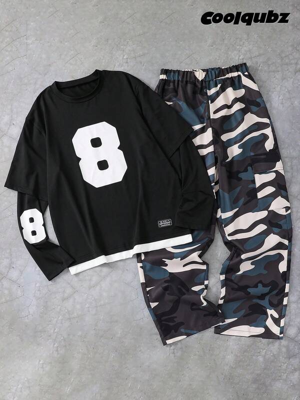 SHEIN 2pcs/Set Teen Boy Black Long Sleeve T-Shirt Paired With Camouflage Pants, Soft & Comfortable Fabric, Suitable For Street Dance, Sports, Outdoor, School, Versatile Casual Outfit Fall Winter