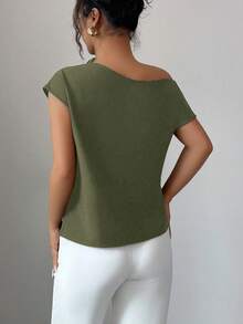 Elenzga 女式优雅 3D 花卉装饰不对称领衬衫，夏季 - 軍綠色 - 查看 2