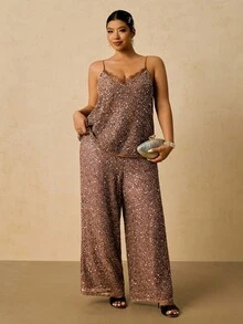 Freevana Top Elegante de Luxo com Lantejoulas para Mulheres Plus Size, Estilo Contraste de Renda Solta, Sexy, Moda, Halloween, Natal, Ano Novo, Ação de Graças, Clube Sexy - Caqui - Visão 5