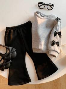 2 Stück Baby Mädchen Set mit Kontrast-Schleife, Langarm Sweatshirt mit Rundhalsausschnitt und schwarze ausgestellte Fleece Hose, geeignet für den Winter - Verschiedenfarbig - Übersicht 5
