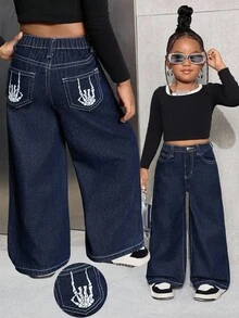 SHEIN 少女宽松骷髅手印深蓝色牛仔裤 - 深色水洗藍 - 查看 1