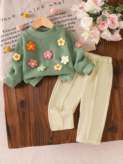 SHEIN Vintaside Kids Baby Mädchen Blau Gestrickt 3D Blumen Pullover Pullover + Gerade Bein Hose Set, Herbst/Winter