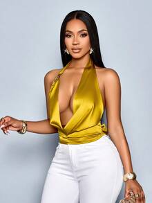 SOLERSUN Áo ba lỗ satin bó sát trang trí kim loại gợi cảm thanh lịch cho nữ - Màu Mù tạt vàng - Xem 6