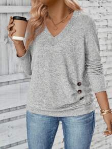 EMERY ROSE 女式 V 领长袖侧扣装饰褶皱柔软针织休闲大码 T 恤，秋冬 - 灰色 - 查看 6
