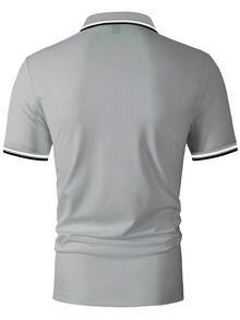 Calvornis 男士對比條紋扣子休閒短袖 Polo 衫，夏季短袖休閒通勤 Polo 衫，適用於高爾夫、正式場合、典禮 - 灰色 - 查看 2