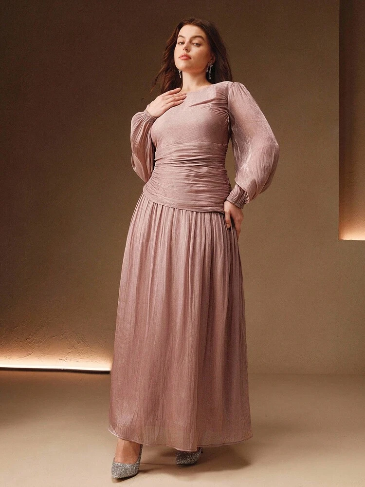 Plus Size Women's Olive Green Shiny Long Dress, Round Neck With Waist Ruching, Puff Sleeves, Elegant & Versatile For Autumn, Fall, Winter, Going Out, Formal, Party, Chic, New Year, Christmas, Work, Graduation, Wedding, Casual