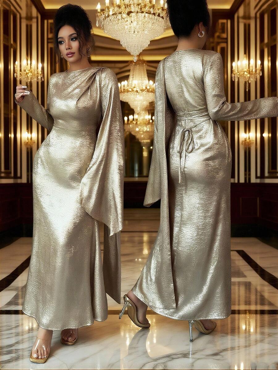 Elenzga 女士天鹅绒面料喇叭袖不对称设计后系腰鱼尾优雅中长连衣裙，适合日常通勤 - 金色 - 查看 1