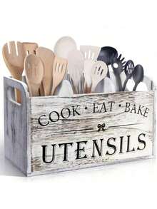 SHEIN Rustic Wooden Kitchen Utensil Holder | 1pc | Wood Material | 3-Compartment Storage Box, Countertop & Wall-Mounted Organizer | Kitchen Accessories For Cook, Eat, Bake Tools |